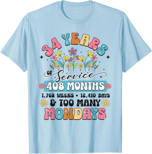 34 Years of Service Funny 34th Work Anniversary Retirement T-Shirt - T-Shirt | Light Blue