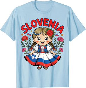 Cute Slovenian Girl in Folk Dress for Kids T-Shirt - T-Shirt | Light Blue