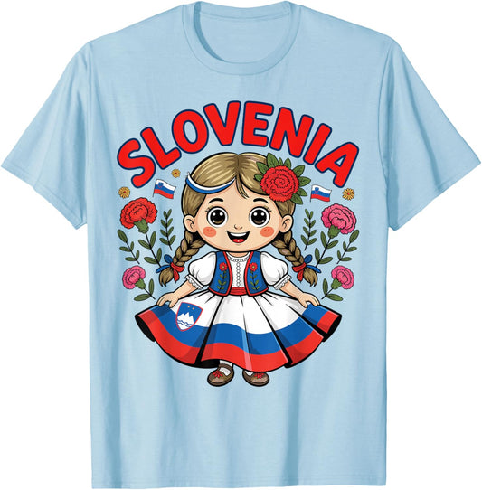 Cute Slovenian Girl in Folk Dress for Kids T-Shirt - T-Shirt | Light Blue