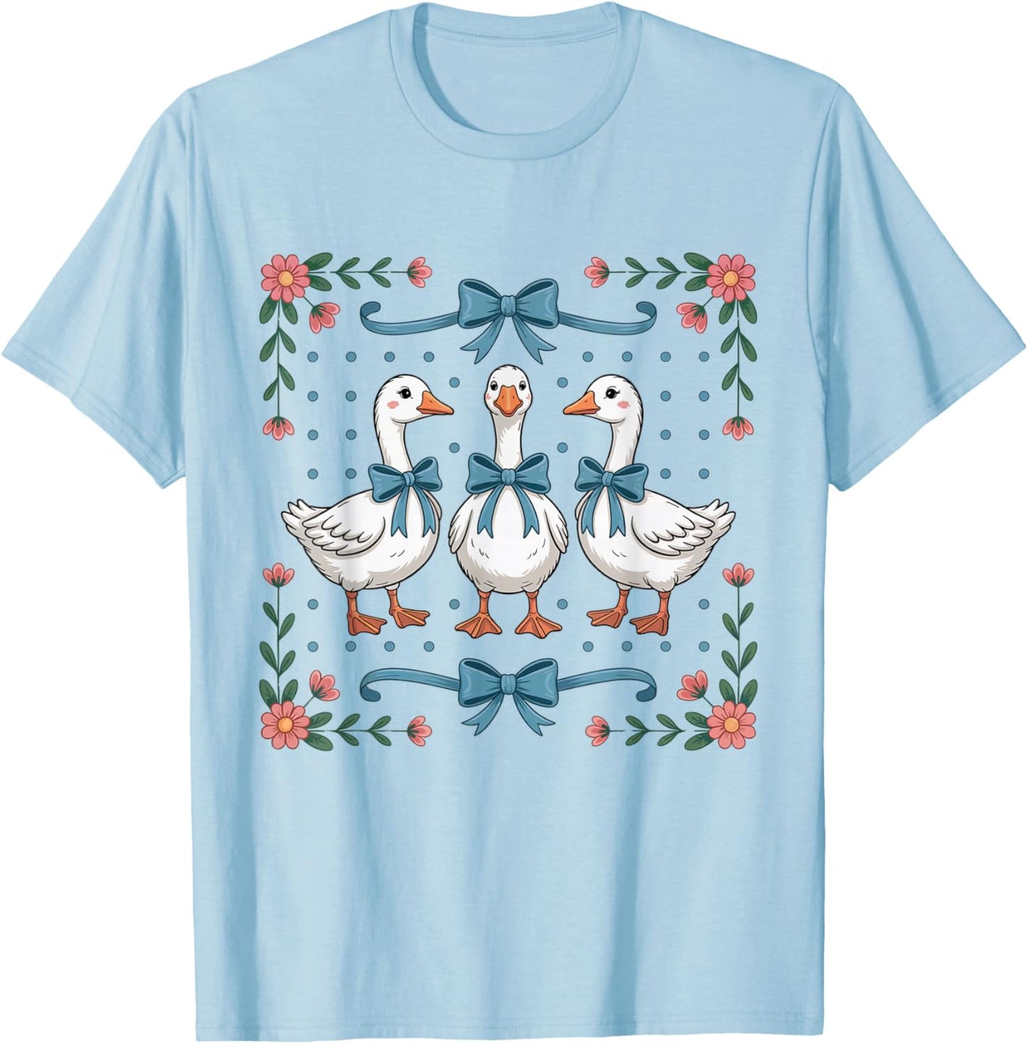 Vintage Country Geese and Flowers Bows 80s 90s Style Goose T-Shirt - T-Shirt | Light Blue