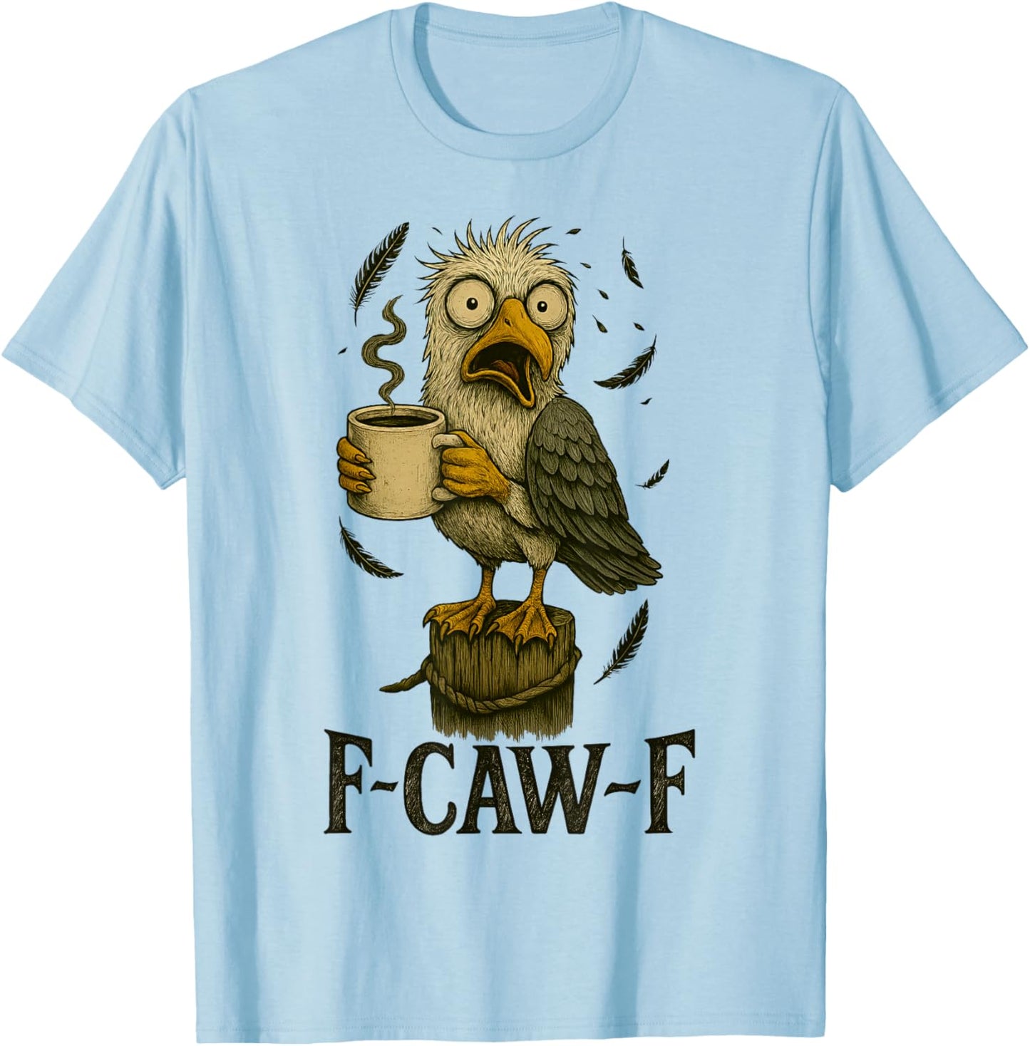 FCawF Vintage Seagull - Funny Tired Bird Drinking Coffee T-Shirt - T-Shirt | Light Blue