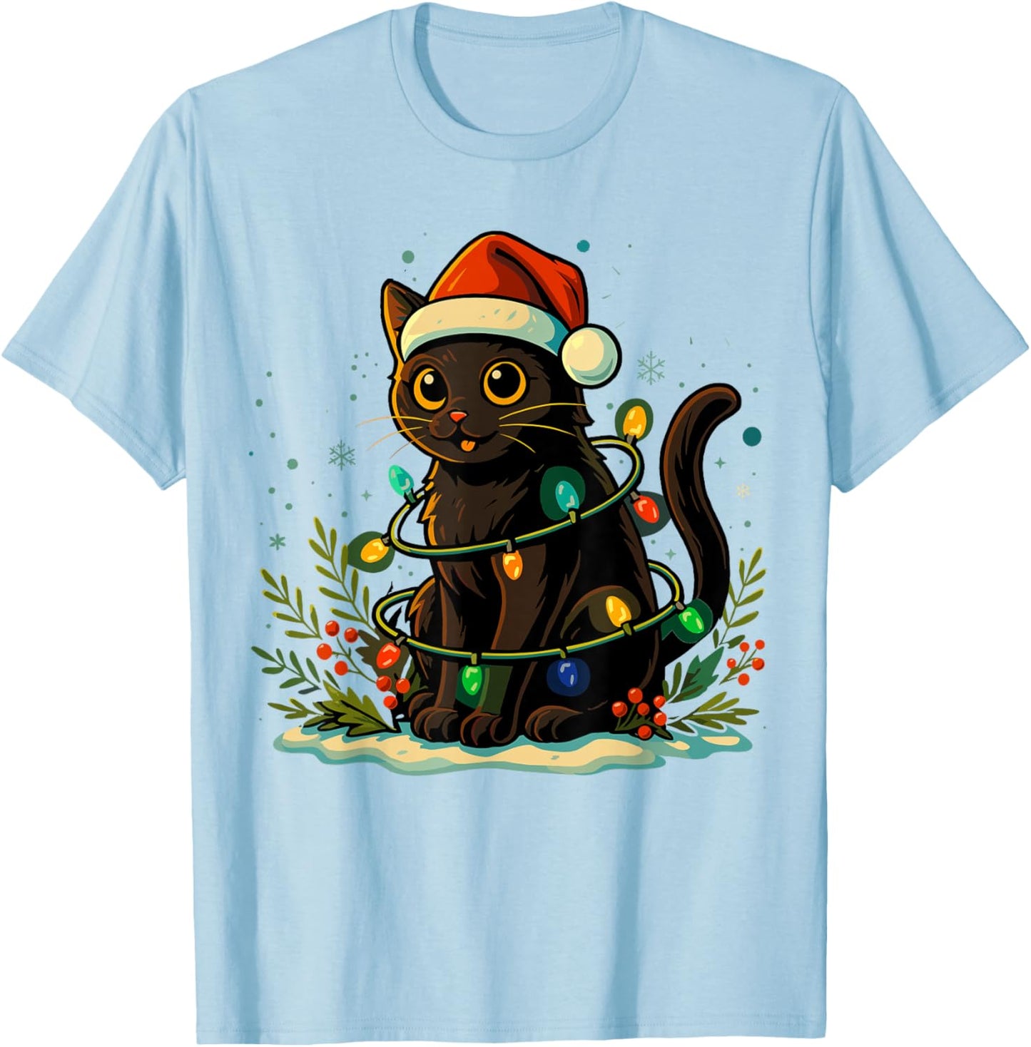 Black Cat Christmas Tree Lights Shirt, Cat Meowy Christmas T-Shirt - T-Shirt | Light Blue