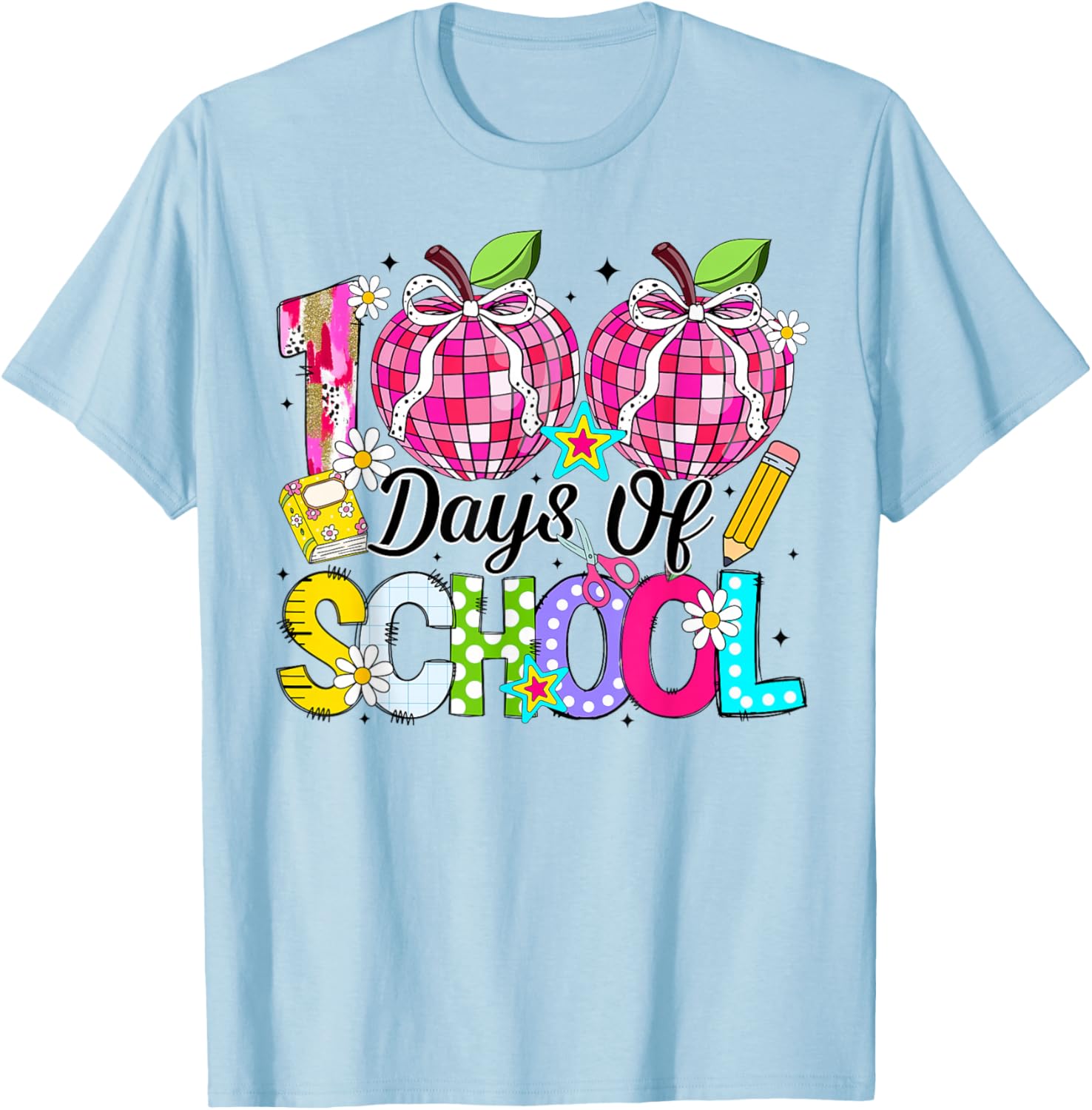 100th Day of School Coquette Bow Girls Teachers Classroom T-Shirt - T-Shirt | Light Blue