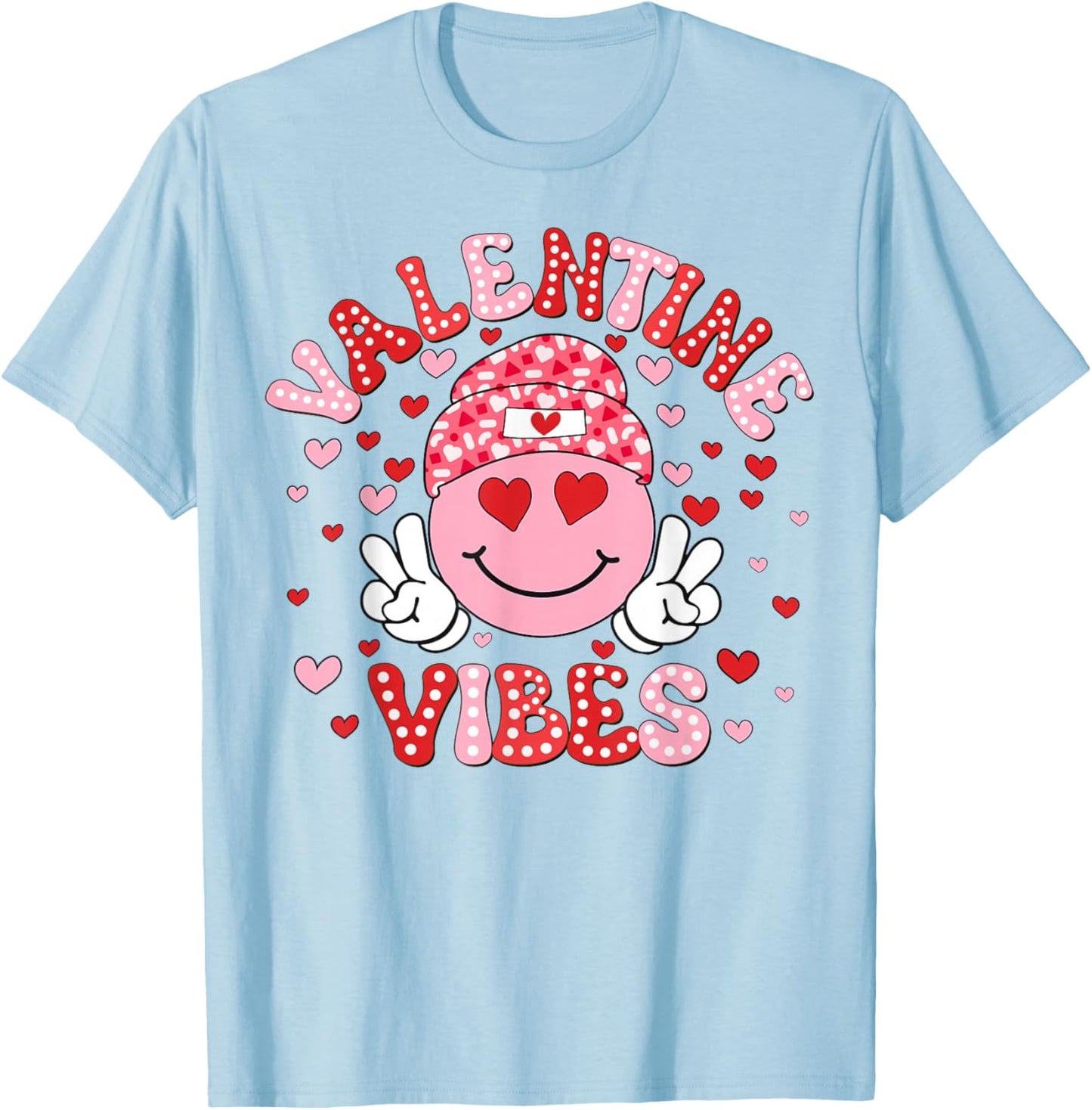 Valentine Vibes Funny Happy Smile Face Heart Girl Women Kid T-Shirt - T-Shirt | Light Blue