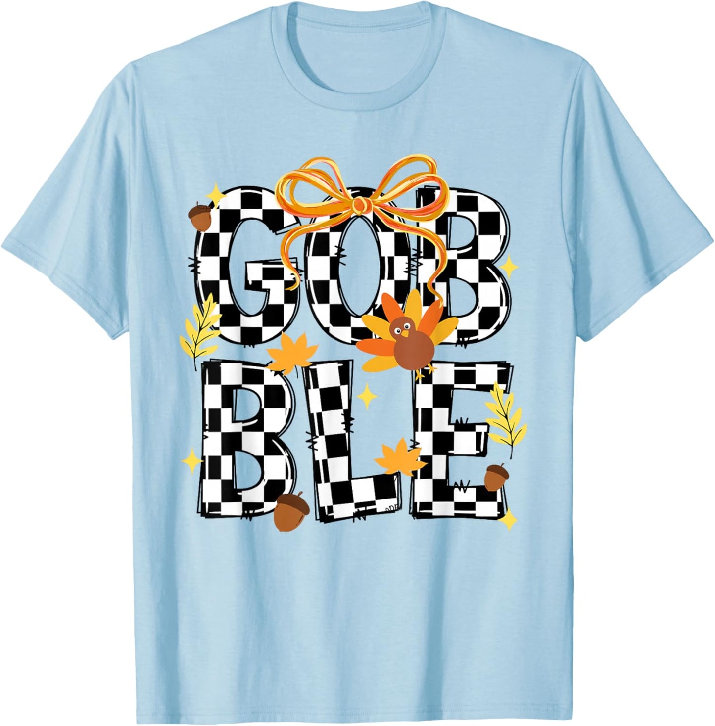 Happy Thanksgiving Gobble Coquette Checkered Turkey Fall Kid T-Shirt - T-Shirt | Light Blue
