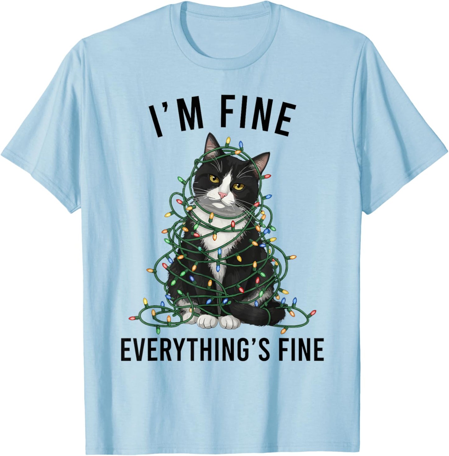 Tuxedo Cat Christmas I'm Fine Everything is Fine T-Shirt - T-Shirt | Light Blue