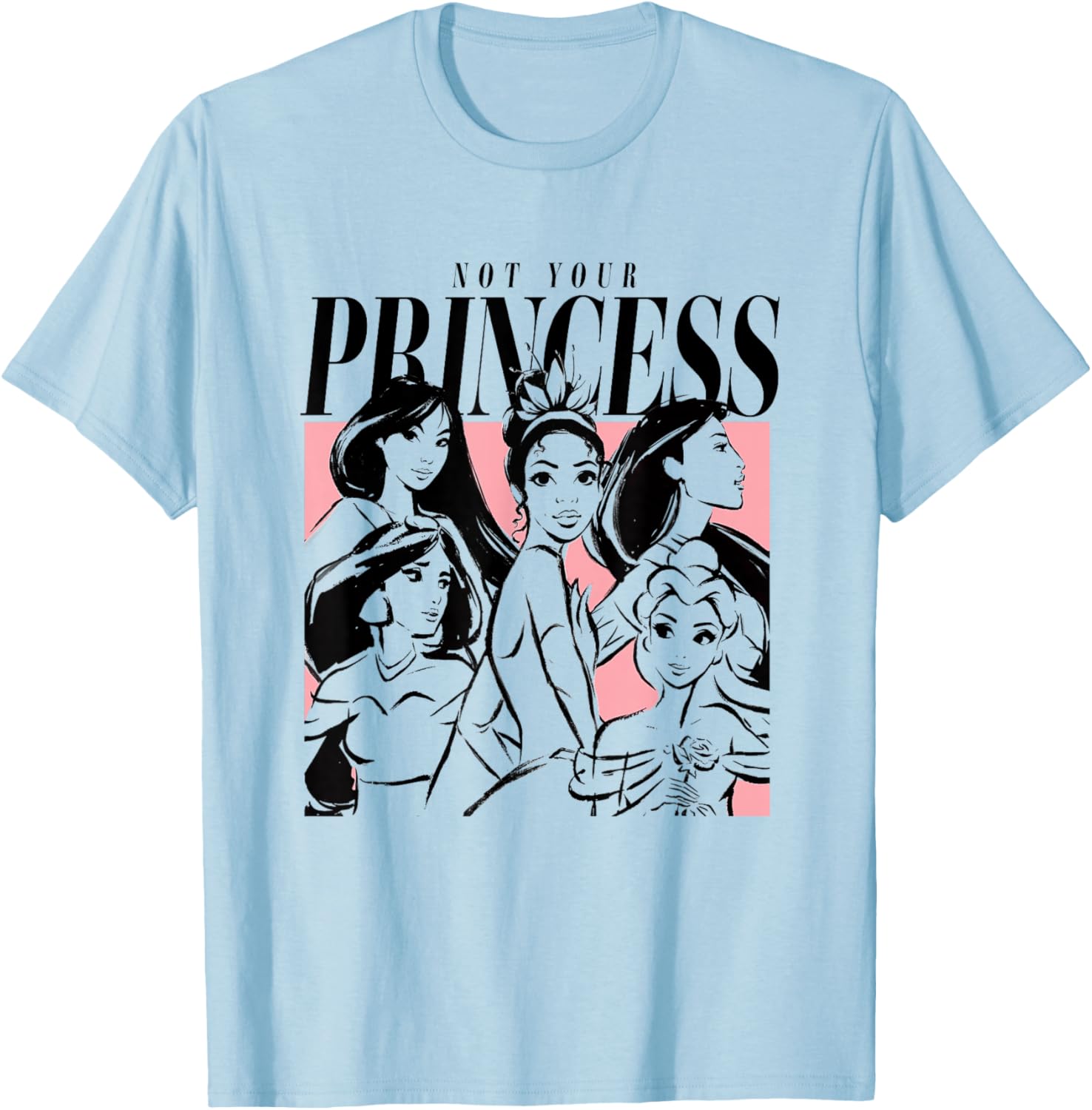 Disney Princess Jasmine Tiana Ariel Pocahontas Belle Sketch T-Shirt - T-Shirt | Light Blue
