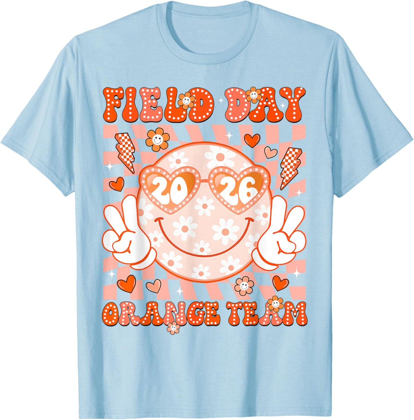 Field Day Orange Team 2026 Smile Face Sunglasses Kid Teacher T-Shirt - T-Shirt | Light Blue