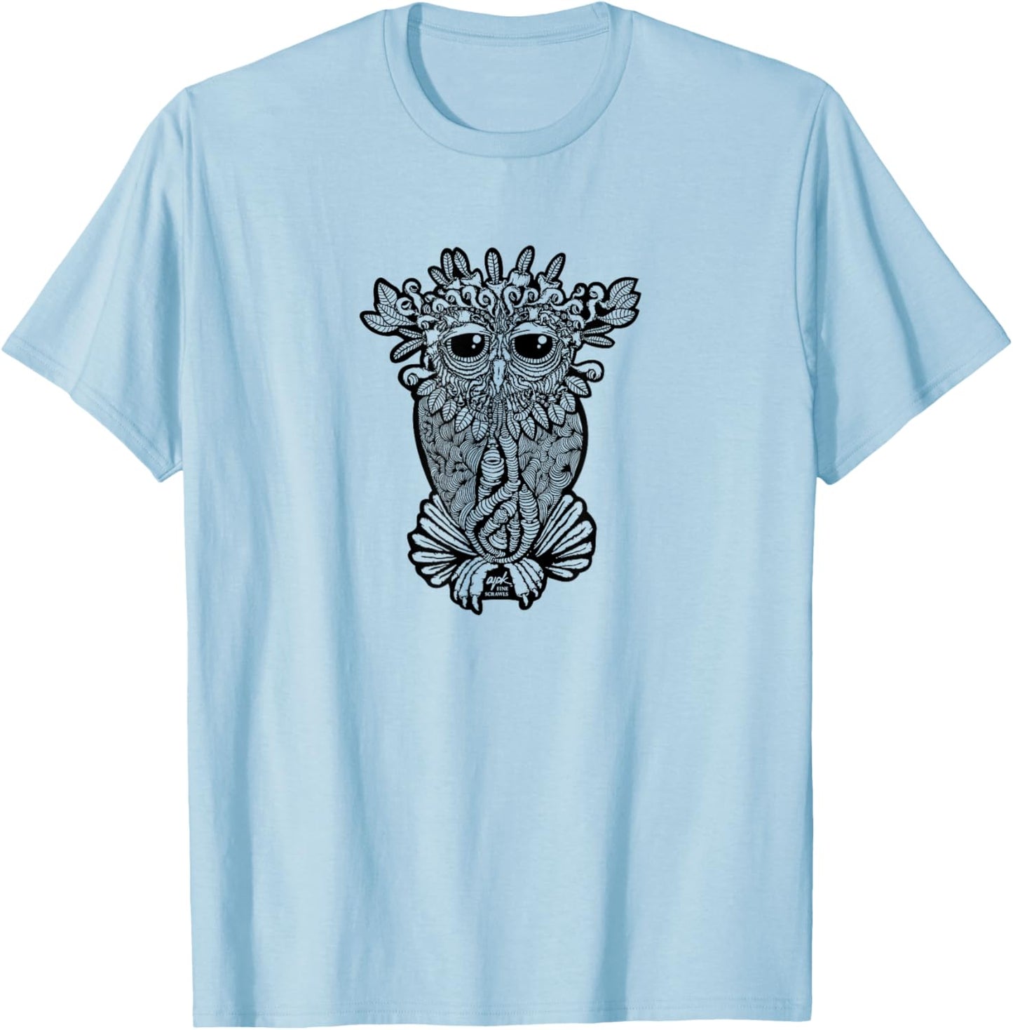 Swirly Great Horned Owl - Botanical Black Bird T-Shirt - T-Shirt | Light Blue