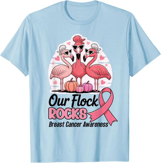 Our Flock Rocks Breast Cancer Awareness Flamingo Pink Squad T-Shirt - T-Shirt | Light Blue