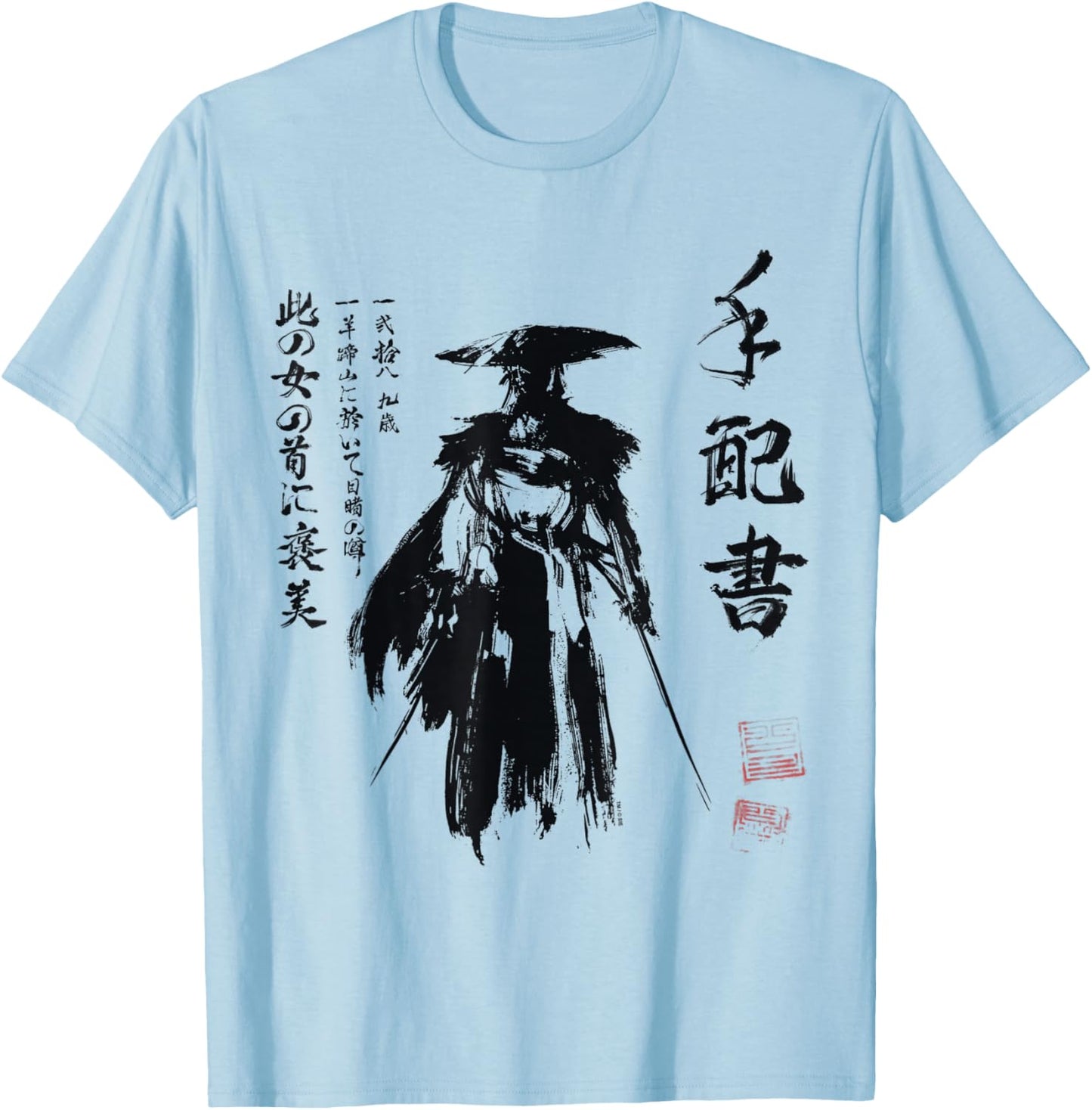 Ghost of Yotei Atsu Sketch Distressed Wanted Poster T-Shirt - T-Shirt | Light Blue