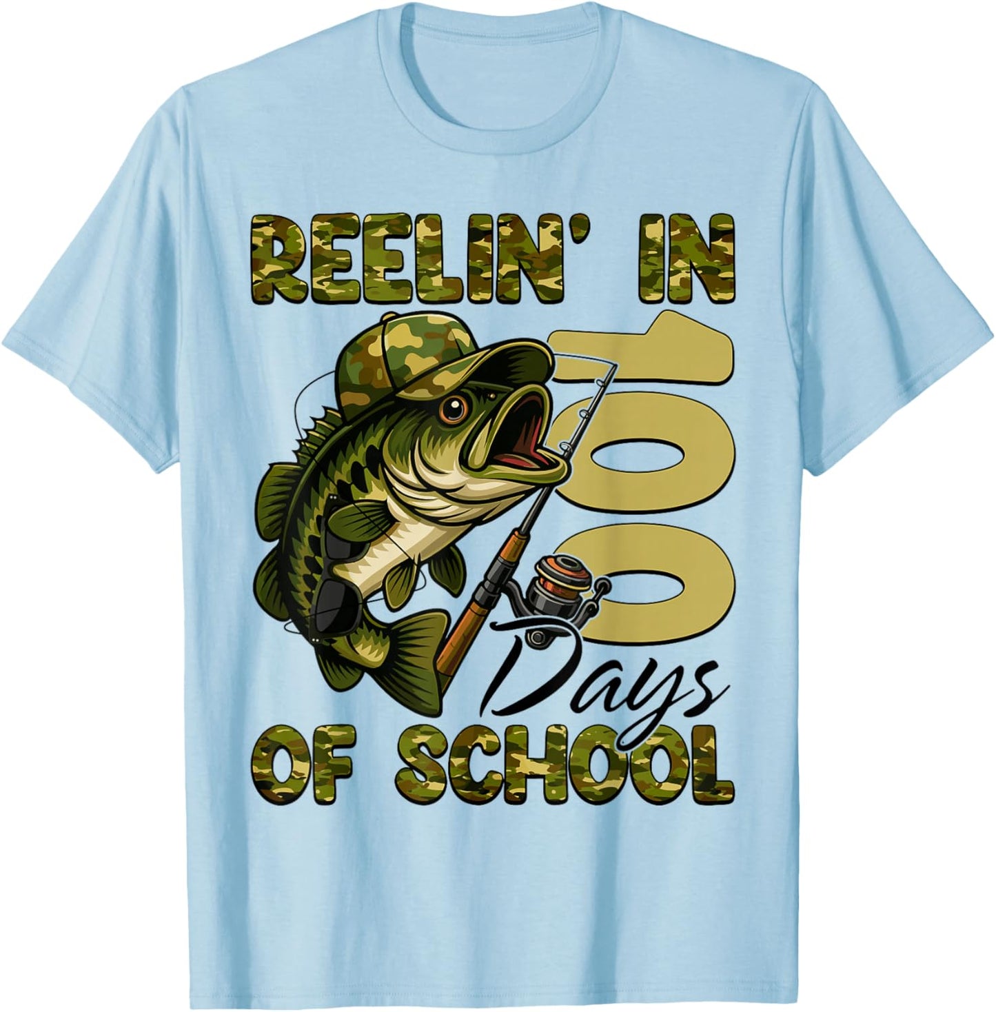 Reelin' in 100 Days of School Fishing 100th Day of School T-Shirt - T-Shirt | Light Blue