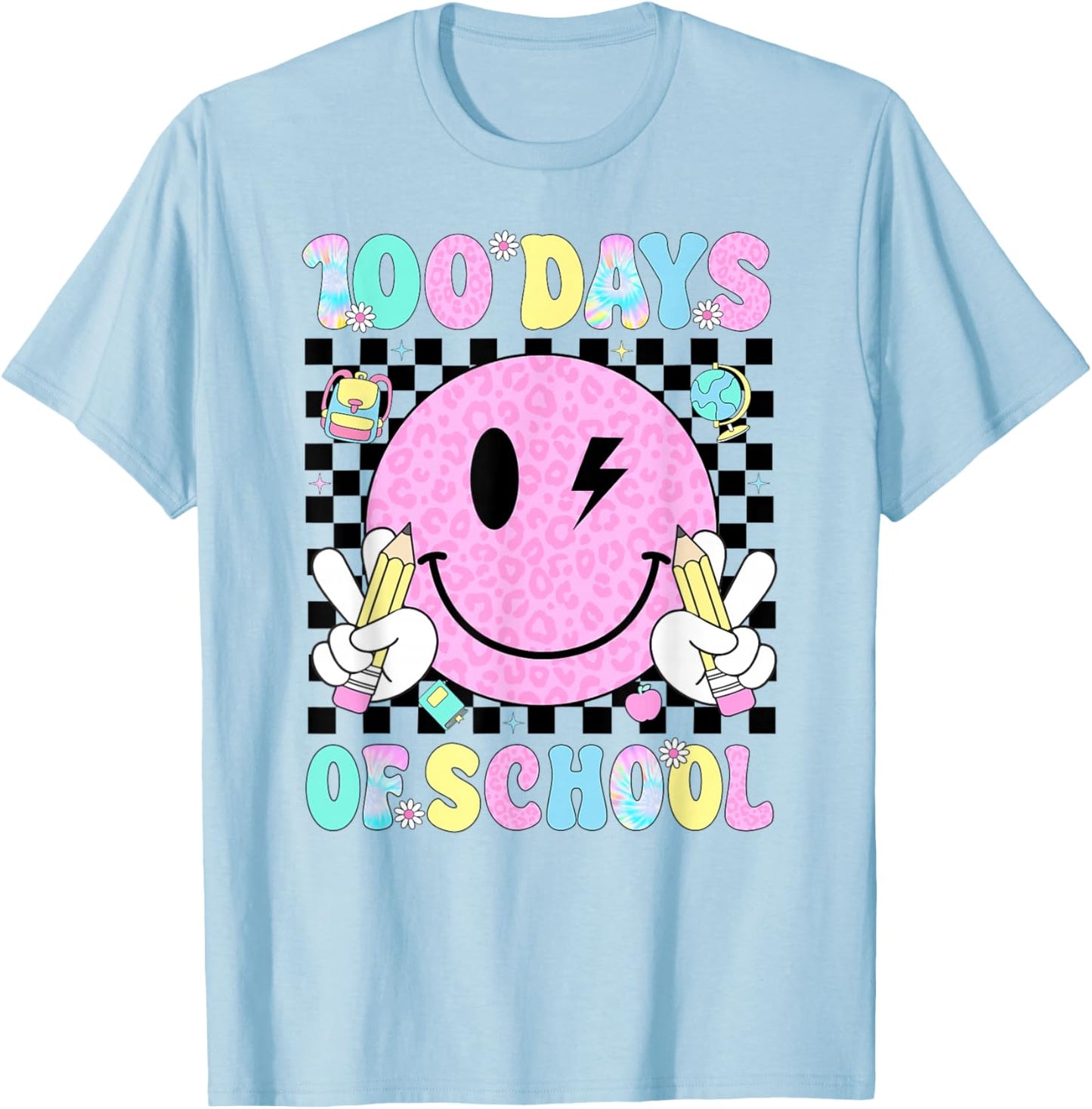100 Days of School Retro Smile Face Teacher Kids 100th Day T-Shirt - T-Shirt | Light Blue