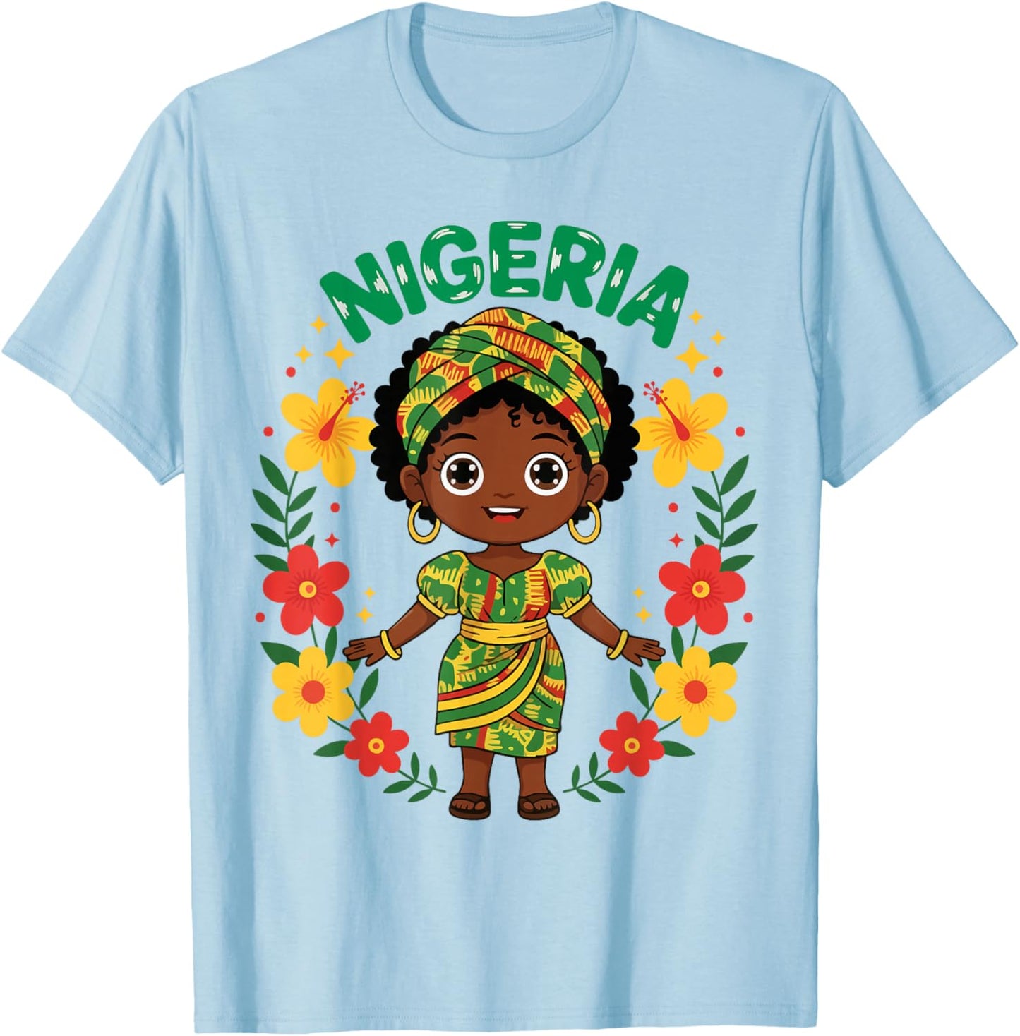 Nigeria Nigerian Girl Traditional Dress Flowers T-Shirt - T-Shirt | Light Blue