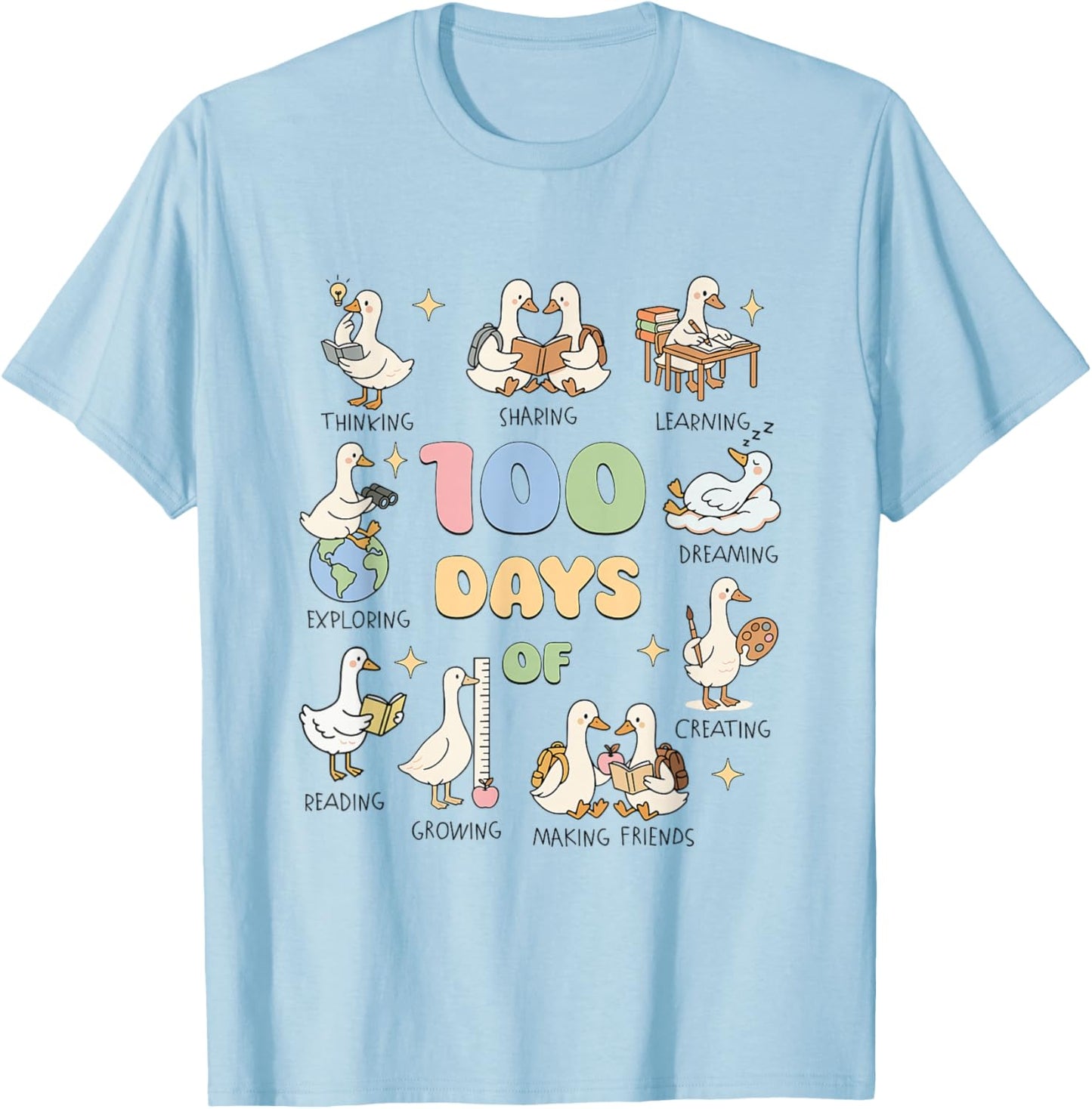 Silly Goose Happy 100 Days of School Goose Teacher Bookish T-Shirt - T-Shirt | Light Blue