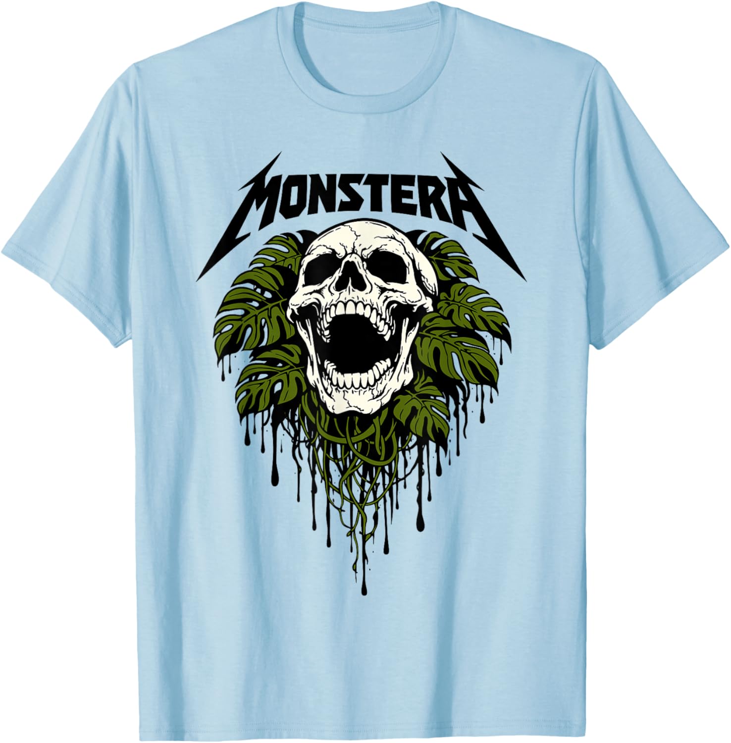 Funny Skull Monstera Plant Lover Gardener Grunge Metal Band T-Shirt - T-Shirt | Light Blue