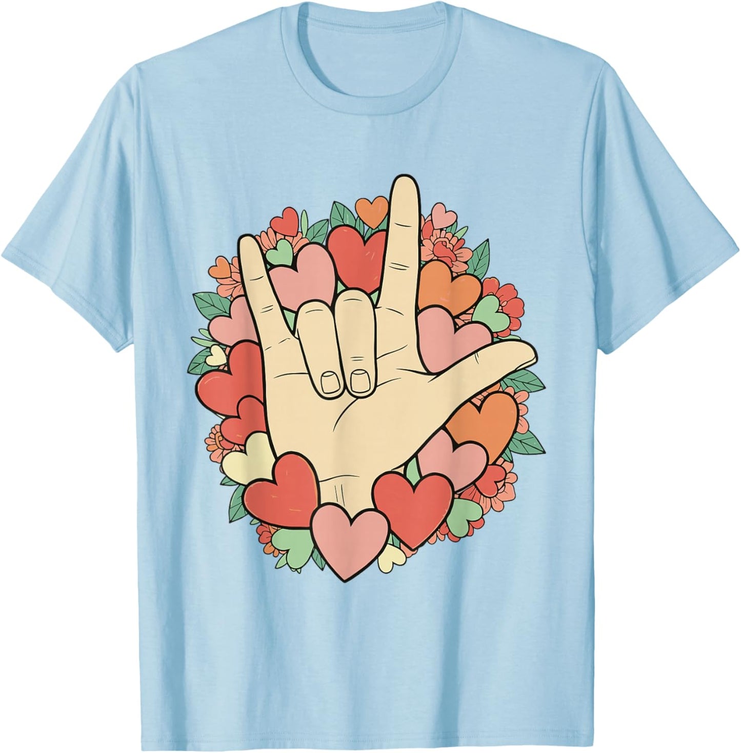 I Love You Sign Language Valentine's Day ASL Hearts Floral T-Shirt - T-Shirt | Light Blue