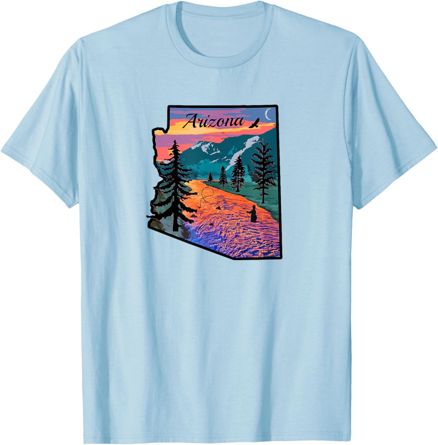 Arizona Fly Fishing Retro Sunset State Outline T-Shirt - T-Shirt | Light Blue