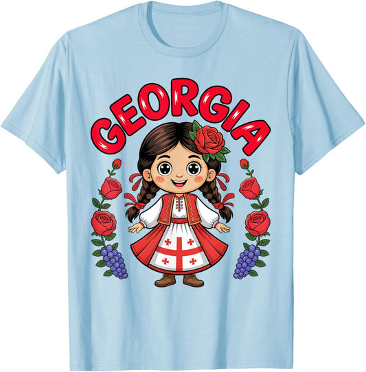 Cute Georgian Girl with Flag Dress and Roses for Kids T-Shirt - T-Shirt | Light Blue