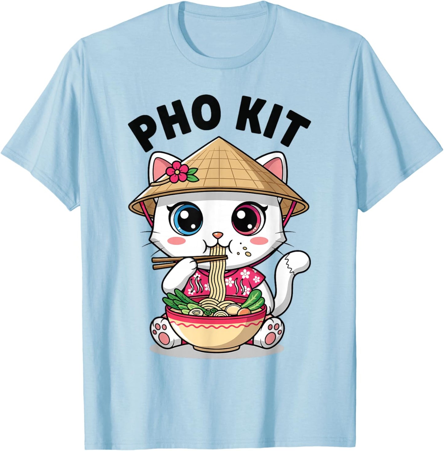 Cute Vietnamese Cat Eating Pho Funny Cat Pho Kit T-Shirt - T-Shirt | Light Blue