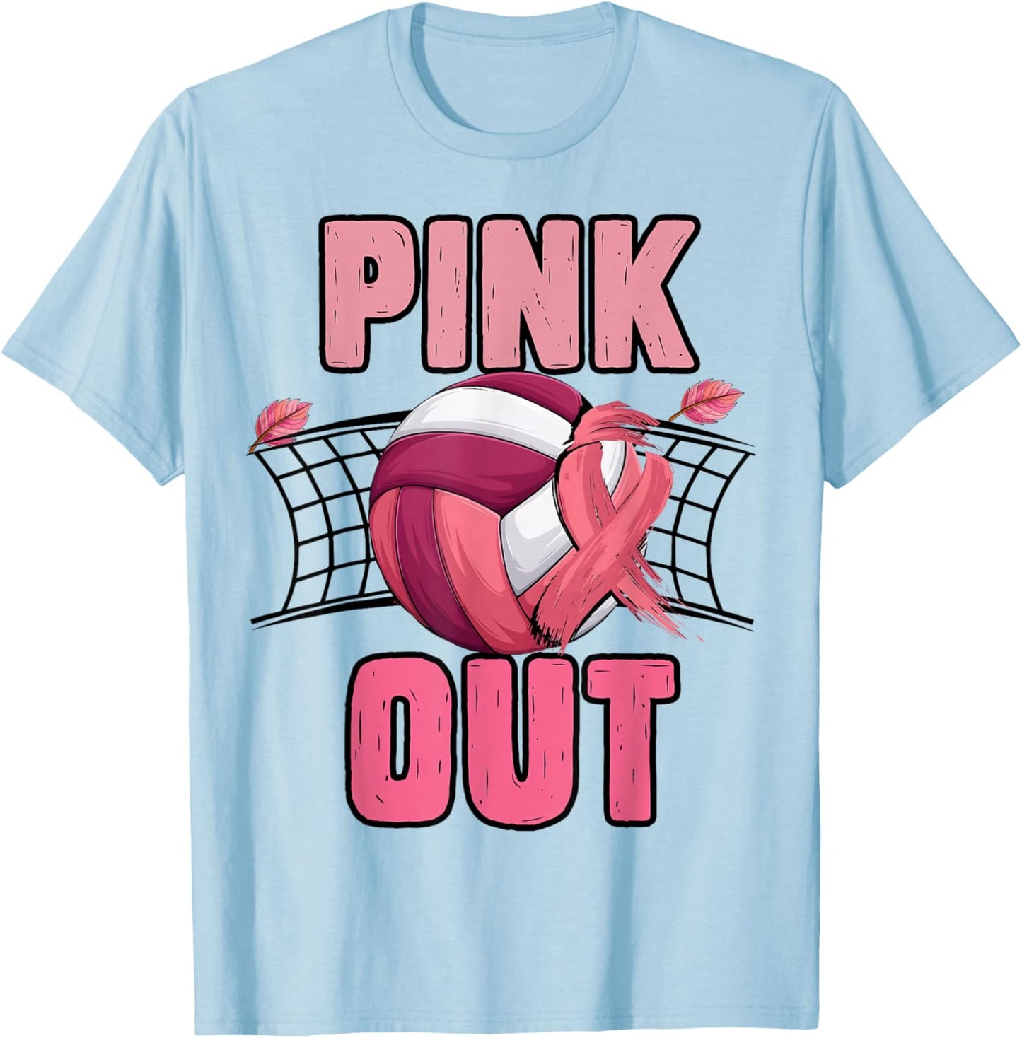 Pink Out Volleyball Breast Cancer Awareness Ribbon Volley T-Shirt - T-Shirt | Light Blue