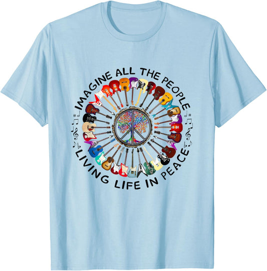 Imagine Hippie People Living Life in Peace and Love T-Shirt - T-Shirt | Light Blue