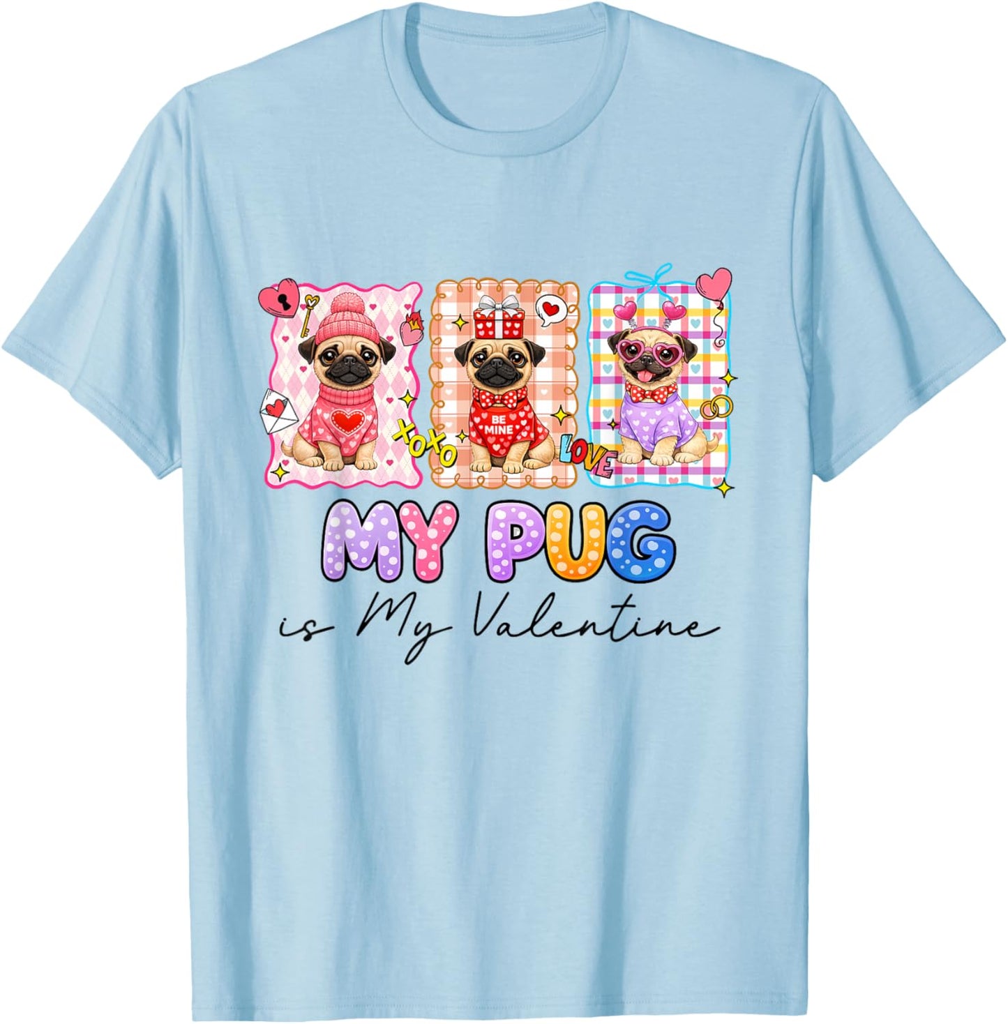 Pug is My Valentine Coquette Heart Retro Dog Love Cute T-Shirt - T-Shirt | Light Blue