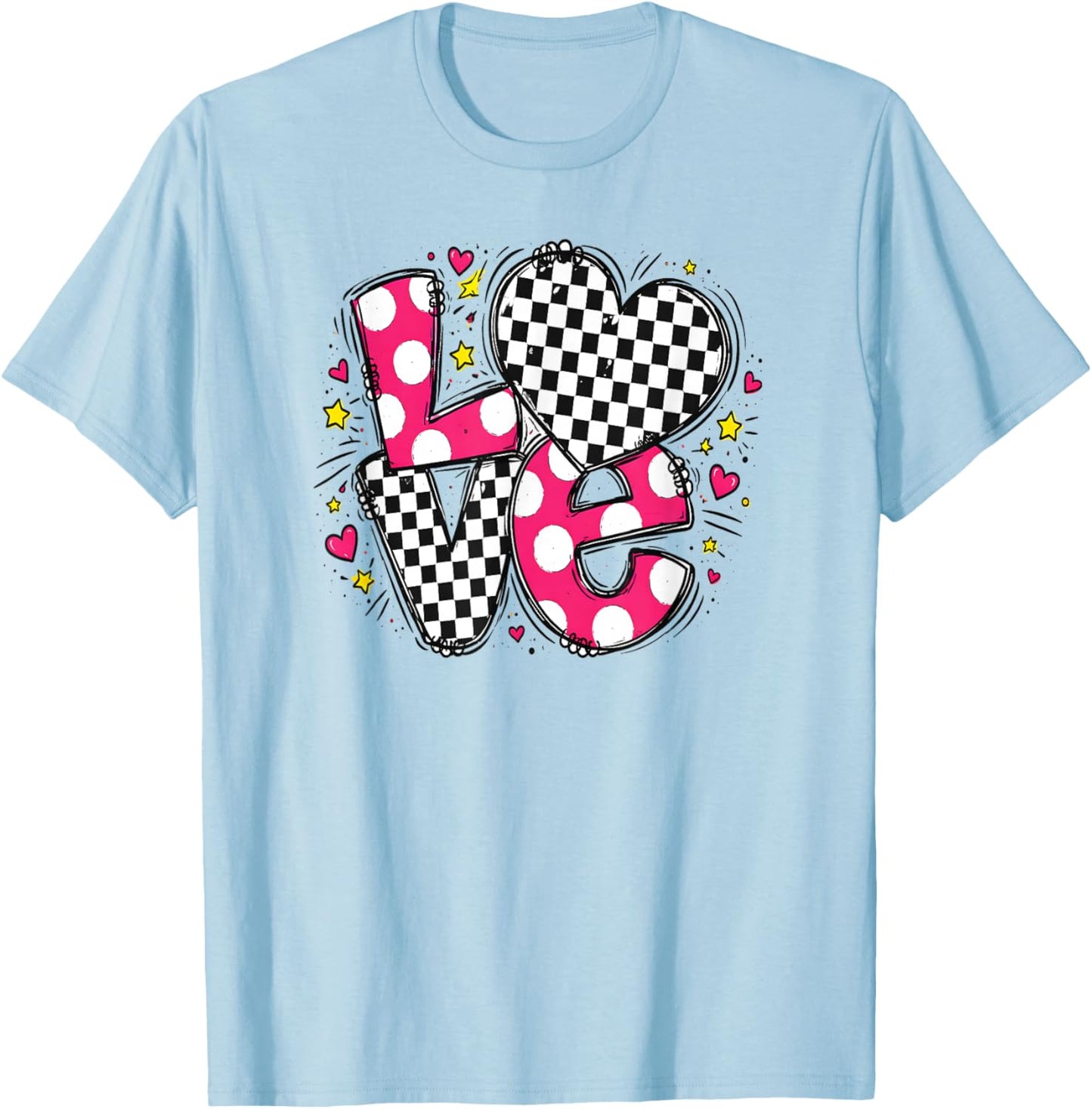 Valentine Cute Love Letter Message Heart Checkered and Dots T-Shirt - T-Shirt | Light Blue