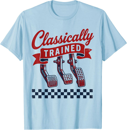 Classically Trained Garage Classic Car Train Driving T-Shirt - T-Shirt | Light Blue