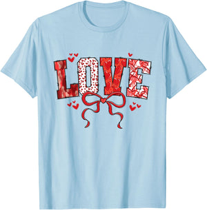 Love Bow Hearts Patchwork Style Cute Valentine Text T-Shirt - T-Shirt | Light Blue