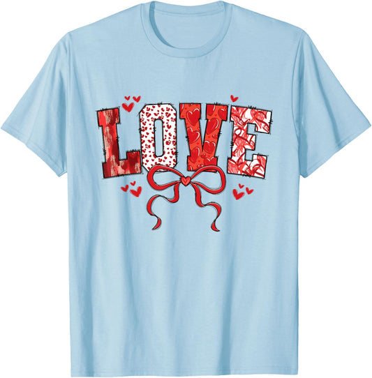 Love Bow Hearts Patchwork Style Cute Valentine Text T-Shirt - T-Shirt | Light Blue