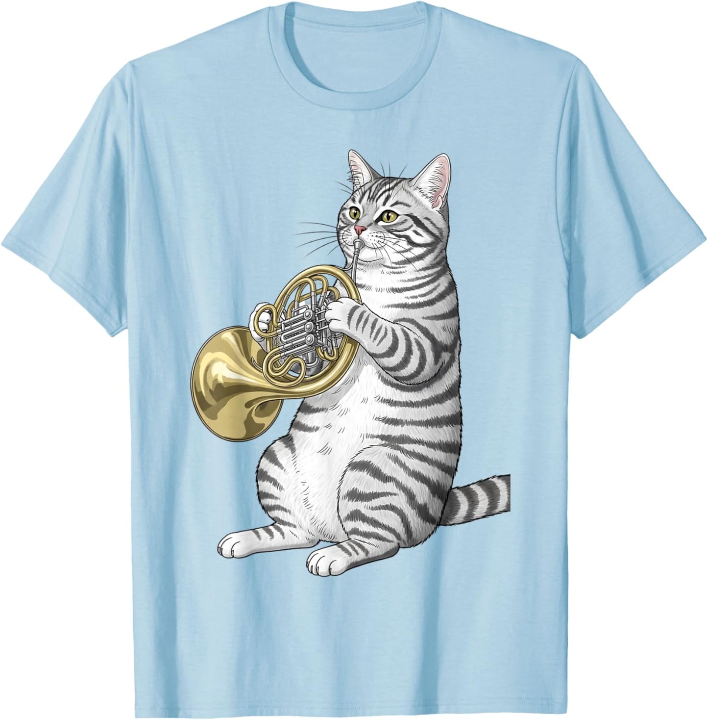 Funny Cat Playing French Horn Player Men Women Kids Boys T-Shirt - T-Shirt | Light Blue