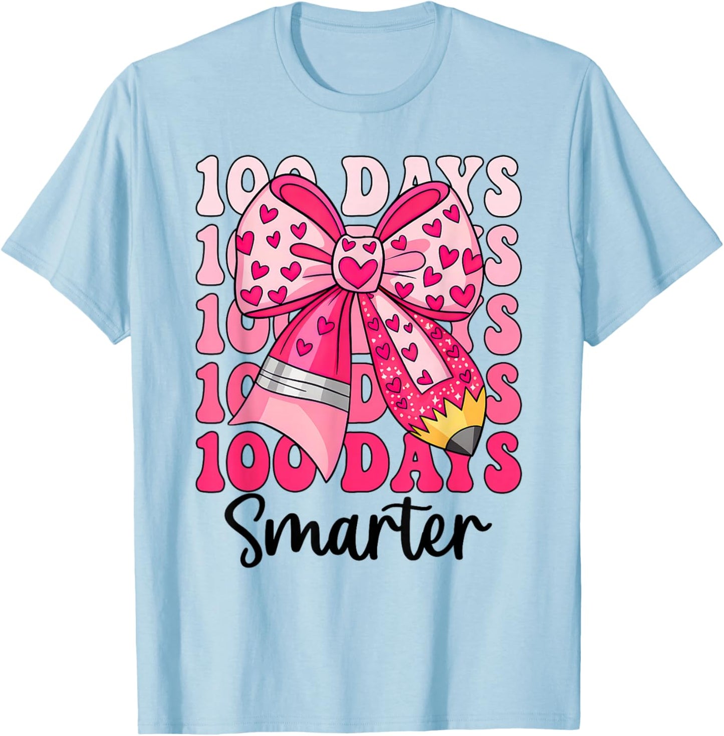 100 Days Smarter Coquette Bow Girls Kids 100th Day of School T-Shirt - T-Shirt | Light Blue