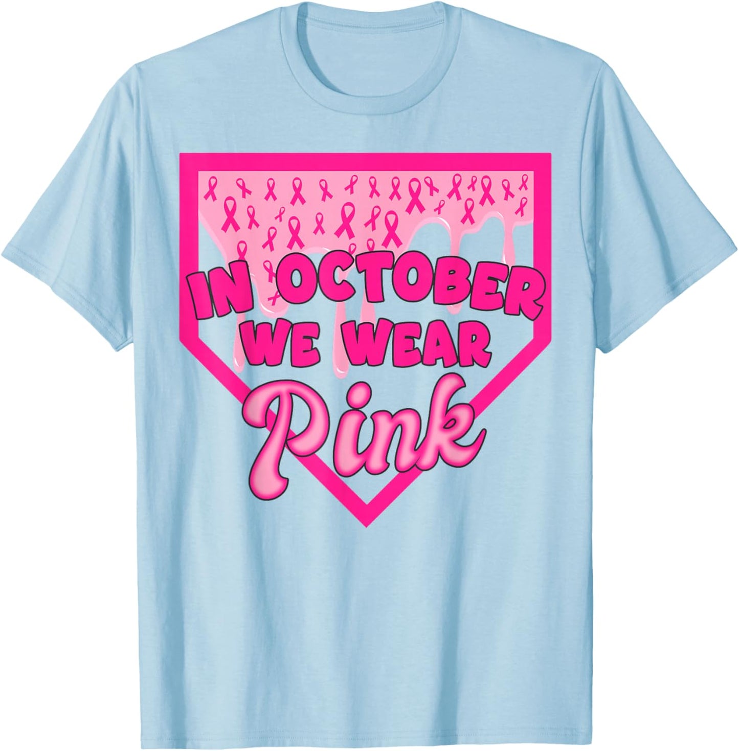 in October We Wear Pink Baseball Drip Boy Kids Breast Cancer T-Shirt - T-Shirt | Light Blue