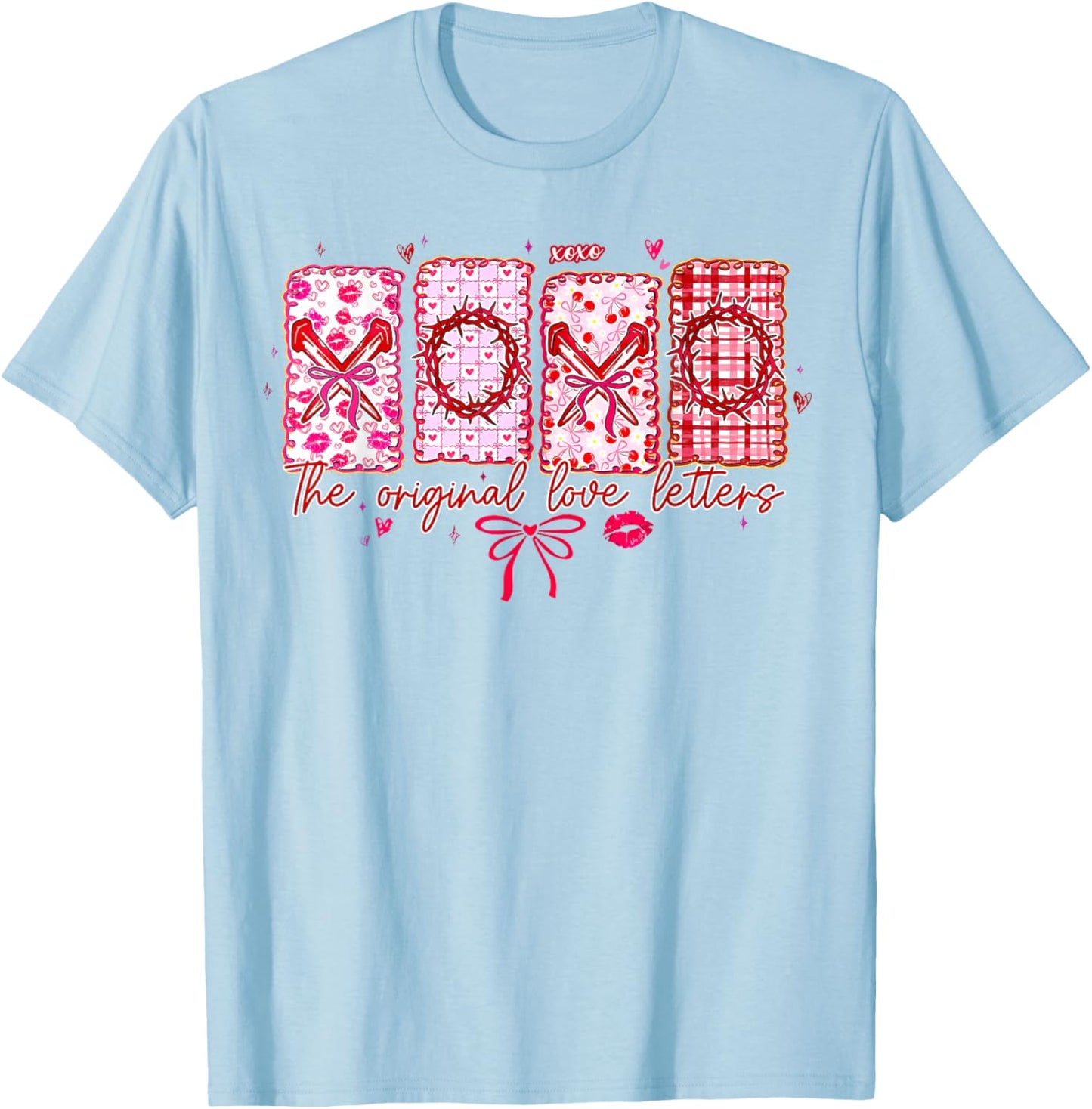 Christian Valentine Coquette Bow XOXO Original Love Letters T-Shirt - T-Shirt | Light Blue