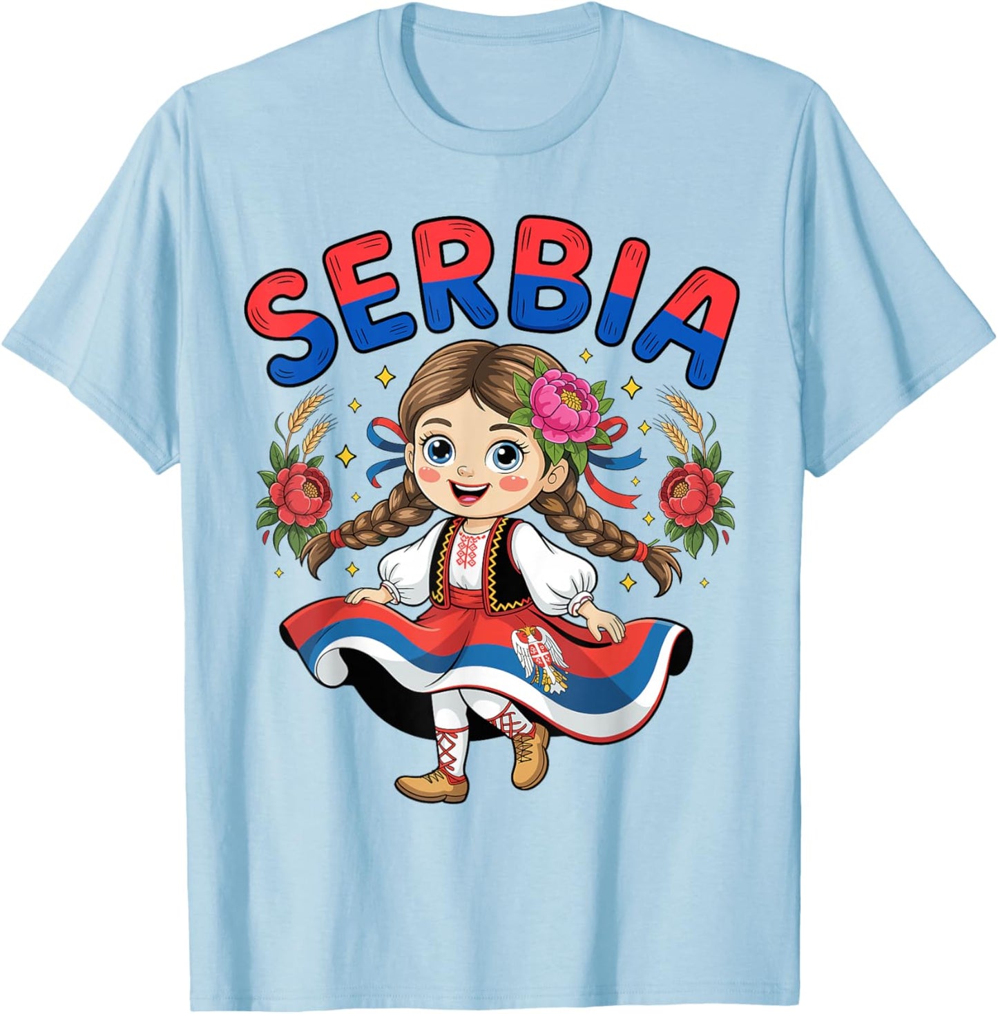 Cute Serbian Girl in Traditional Folk Dress for Kids T-Shirt - T-Shirt | Light Blue