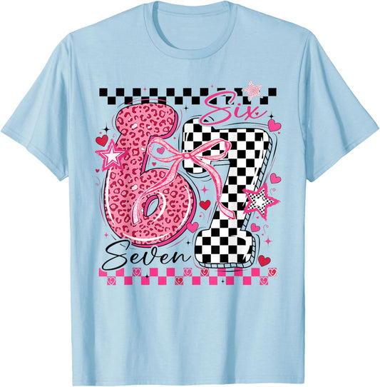 67 Leopard Checkered Funny Six Seven 6-7 Teachers Kids Girls T-Shirt - T-Shirt | Light Blue