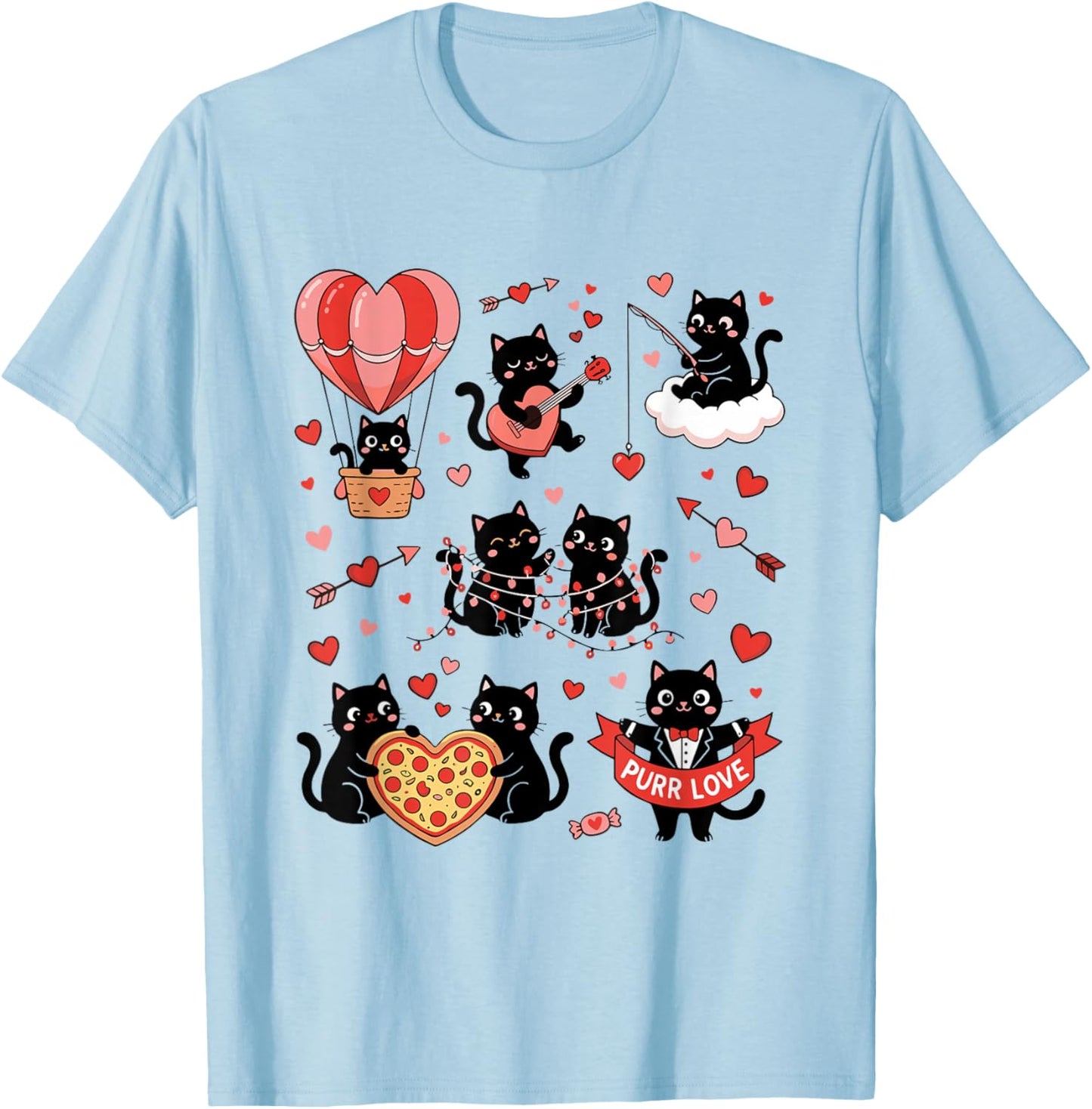 Retro Black Cat Heart Valentines Day Cute Kitten Lover T-Shirt - T-Shirt | Light Blue