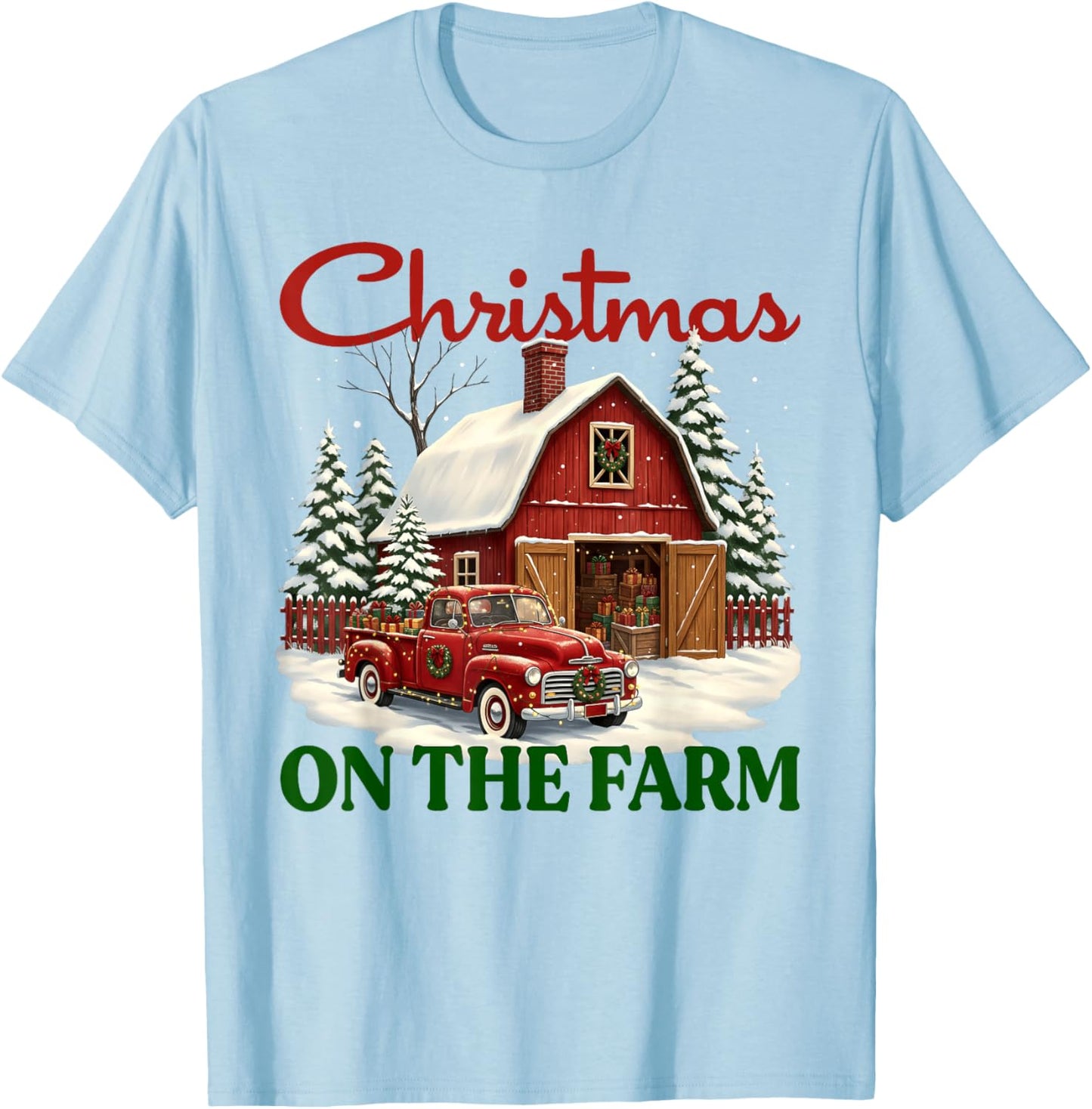 Christmas On The Farm Shirt Vintage Red Truck Barn Xmas Gift T-Shirt - T-Shirt | Light Blue