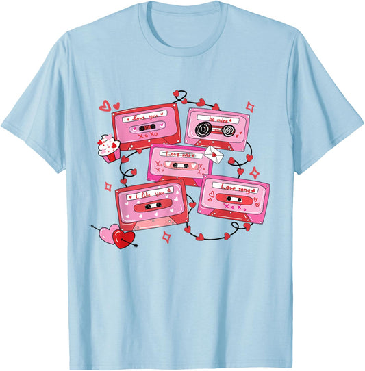 Retro Valentine Cassette Tape Heart Music Illustration T-Shirt - T-Shirt | Light Blue