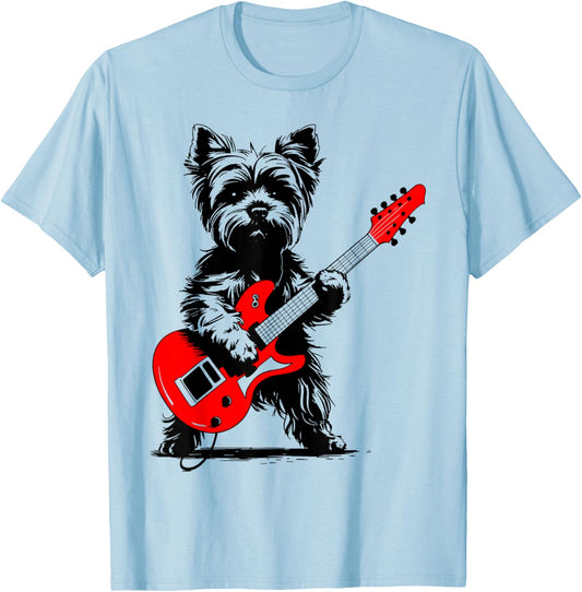 Vintage Yorkie Rock Funny Dog Playing Guitar Rock Style T-Shirt - T-Shirt | Light Blue