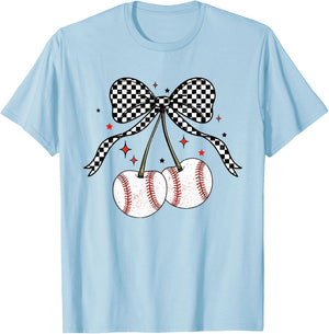 Coquette Bow Cherries Baseball Game Day Team Sport Cherry T-Shirt - T-Shirt | Light Blue
