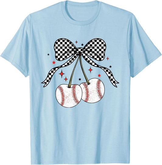 Coquette Bow Cherries Baseball Game Day Team Sport Cherry T-Shirt - T-Shirt | Light Blue