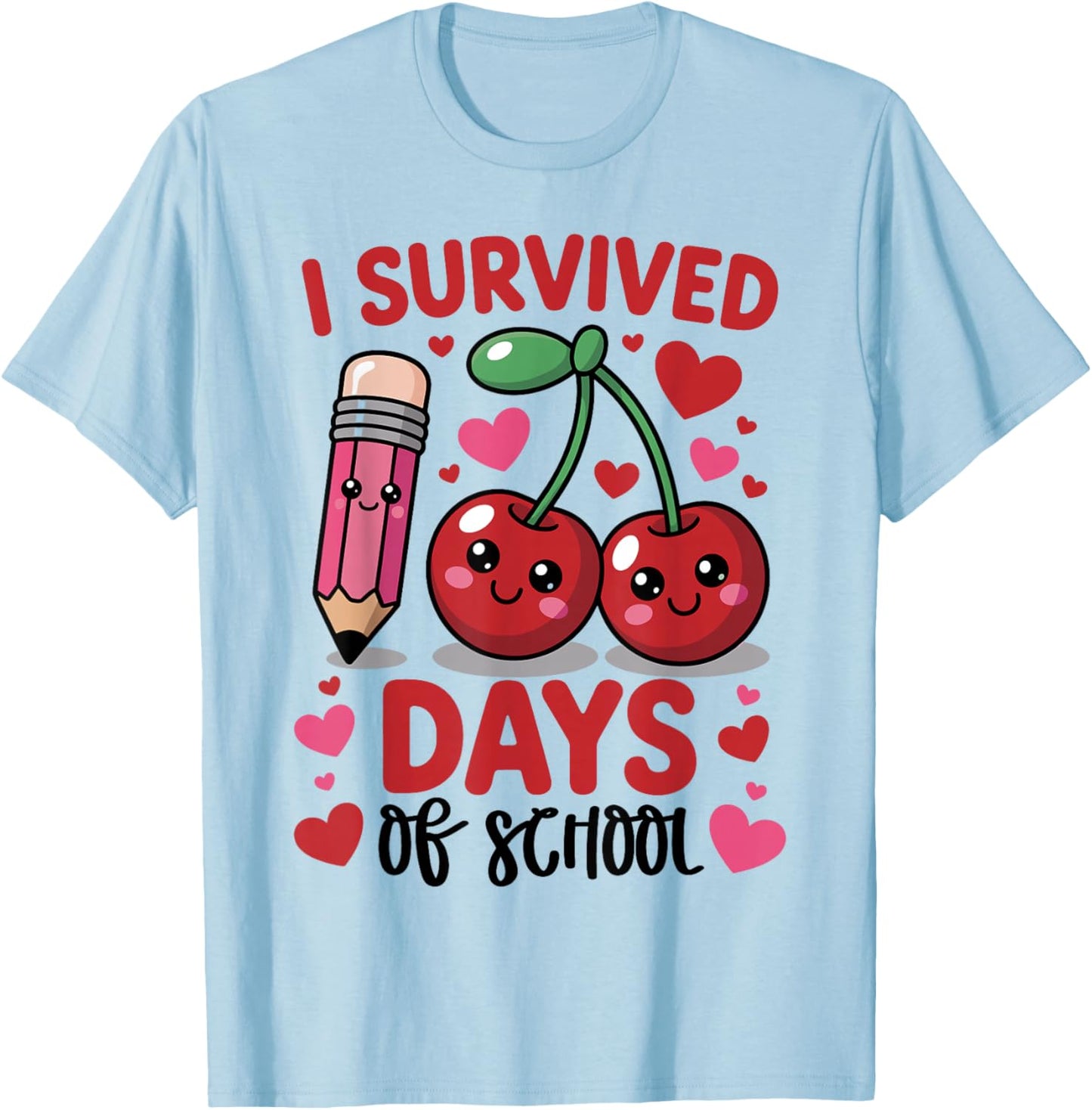 I Survived 100 Days of School Cherry Pink Cute 100th Day T-Shirt - T-Shirt | Light Blue
