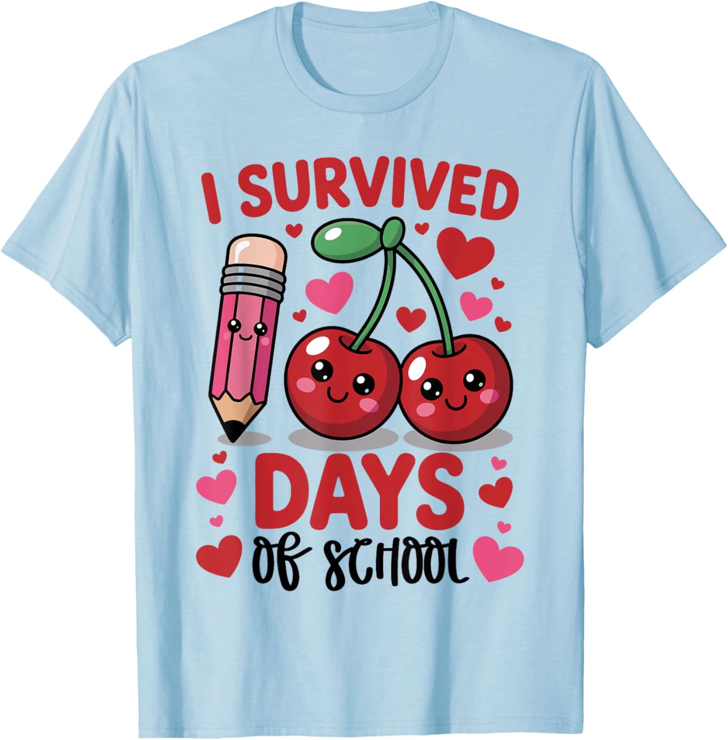 I Survived 100 Days of School Cherry Pink Cute 100th Day T-Shirt - T-Shirt | Light Blue