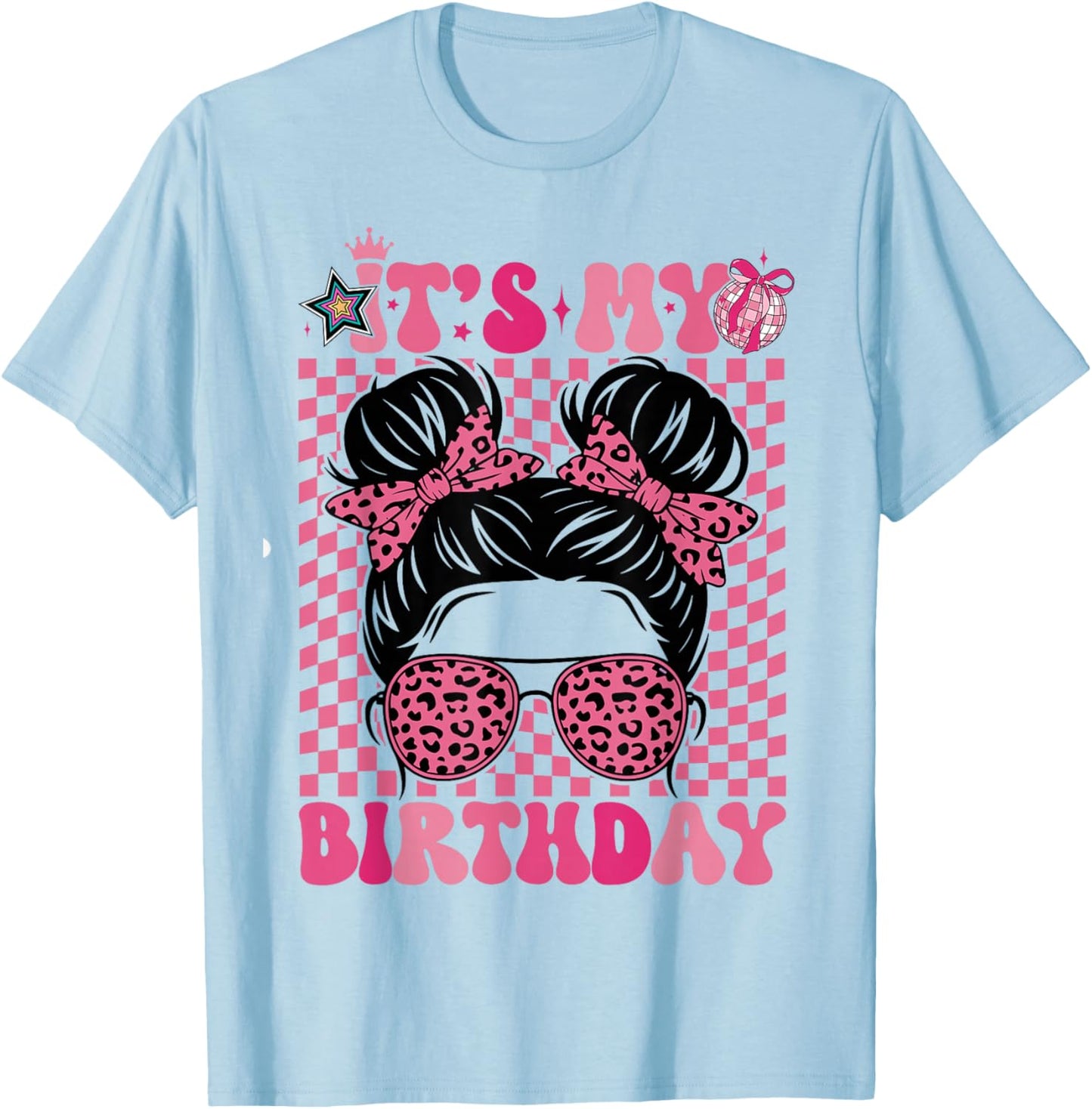 It's My Birthday Girls Women Messy Bun Pink Coquette Bow T-Shirt - T-Shirt | Light Blue