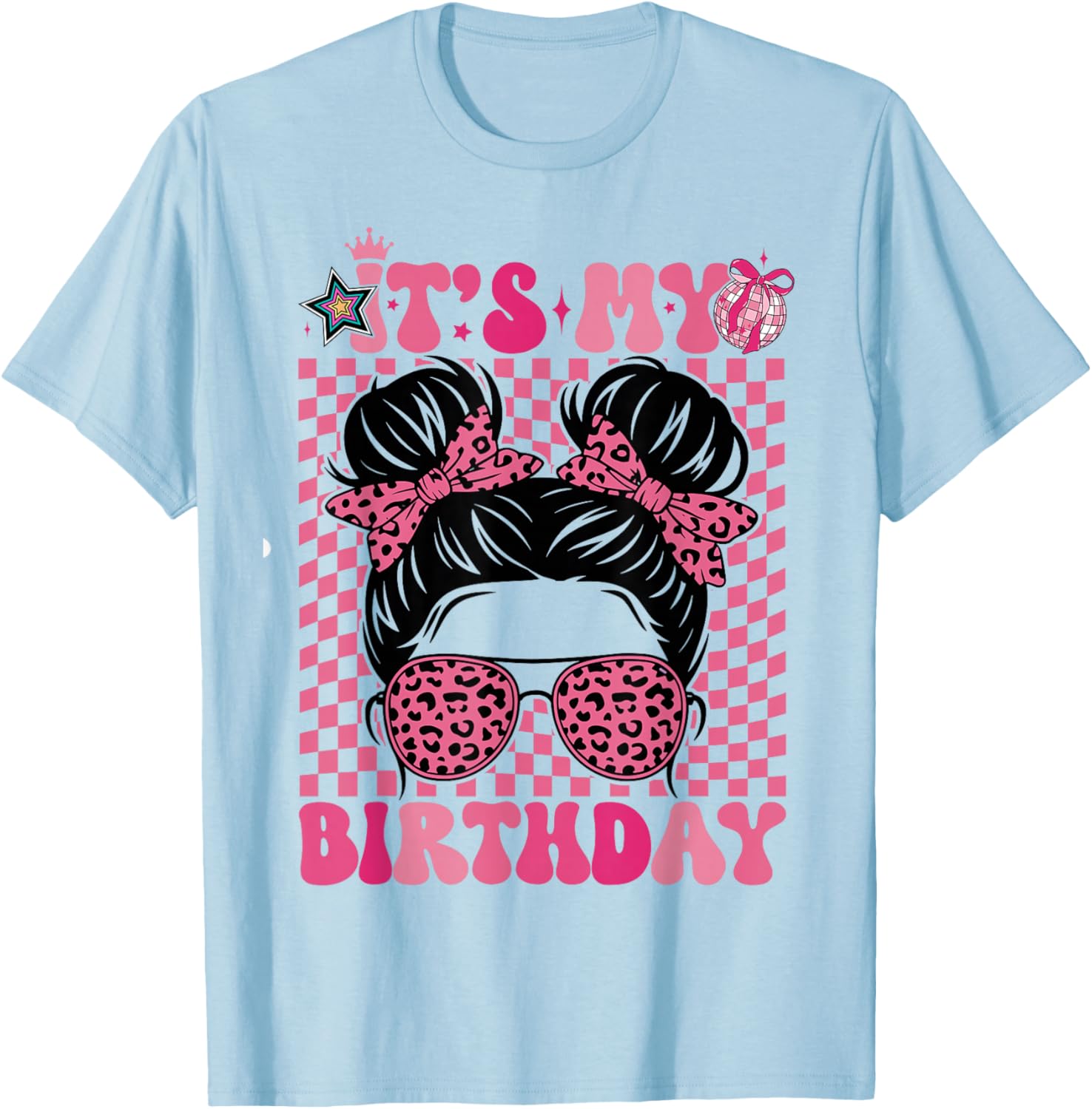 It's My Birthday Girls Women Messy Bun Pink Coquette Bow T-Shirt - T-Shirt | Light Blue