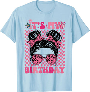 It's My Birthday Girls Women Messy Bun Pink Coquette Bow T-Shirt - T-Shirt | Light Blue