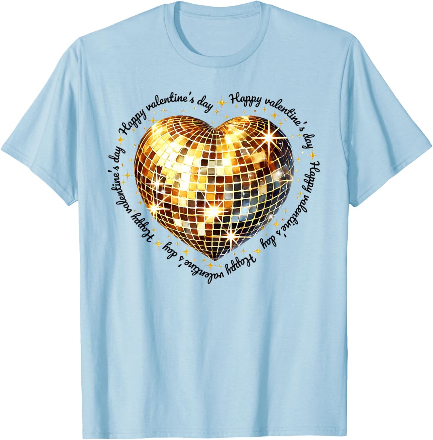 Happy Valentine's Day Funny Gold Coquette Disco Ball Heart T-Shirt - T-Shirt | Light Blue