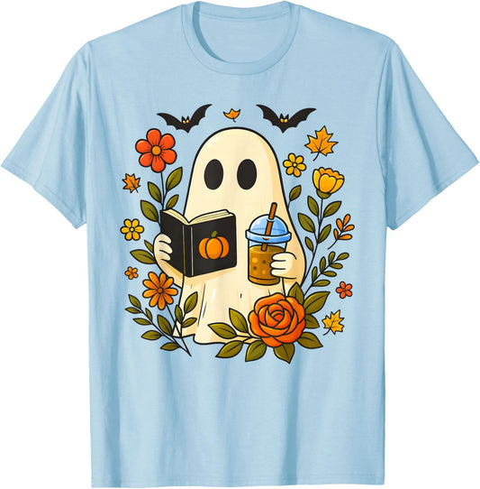Cute Ghost Reading Book with Coffee Halloween & Autumn Lover T-Shirt - T-Shirt | Light Blue